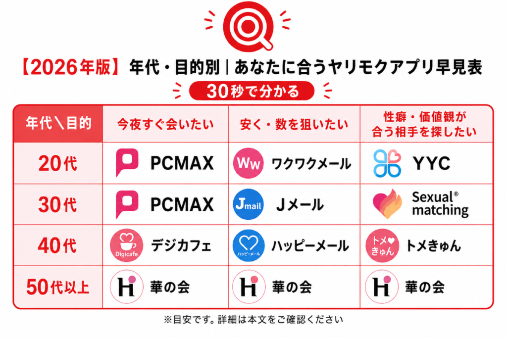 年代・目的別のおすすめヤリモクアプリ比較表
